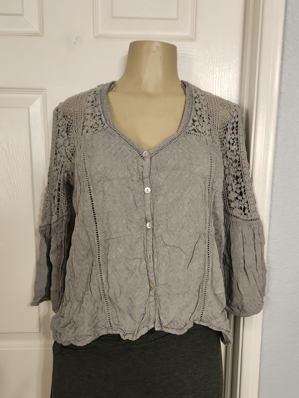 lovestitch Light Gray Crochet-Detail Button Front Blouse